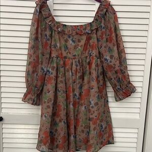 Floral Dress with Ruffle Neckline